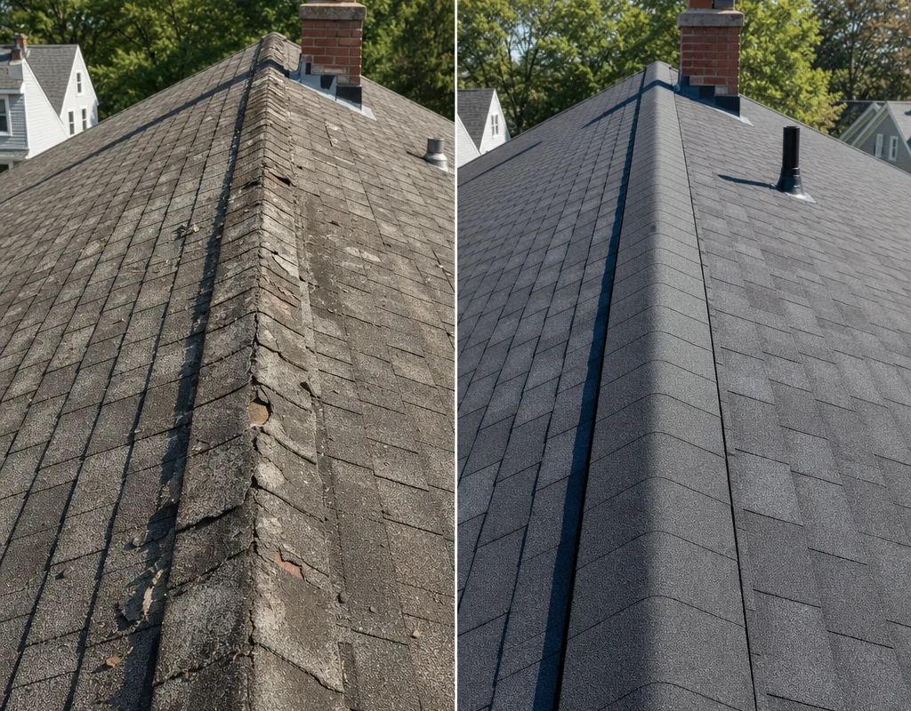 Before-and-after comparison of worn asphalt shingles and a new architectural shingle roof with clean flashing lines