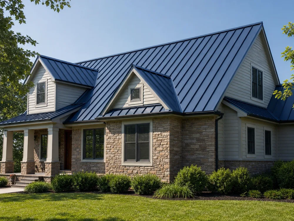 Finished standing seam metal roof on a residential home showing straight panel lines, ridge cap, and a clean rake edge